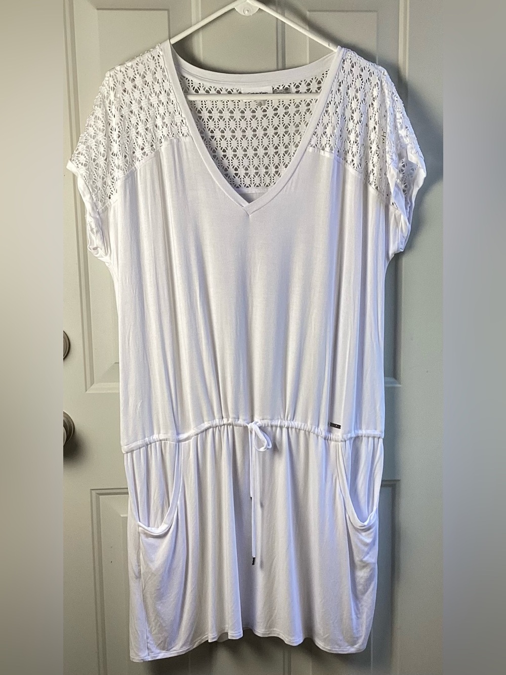 Calvin Klein White V-Neck Drawstring Tunic Mini dress with Lace Yoke